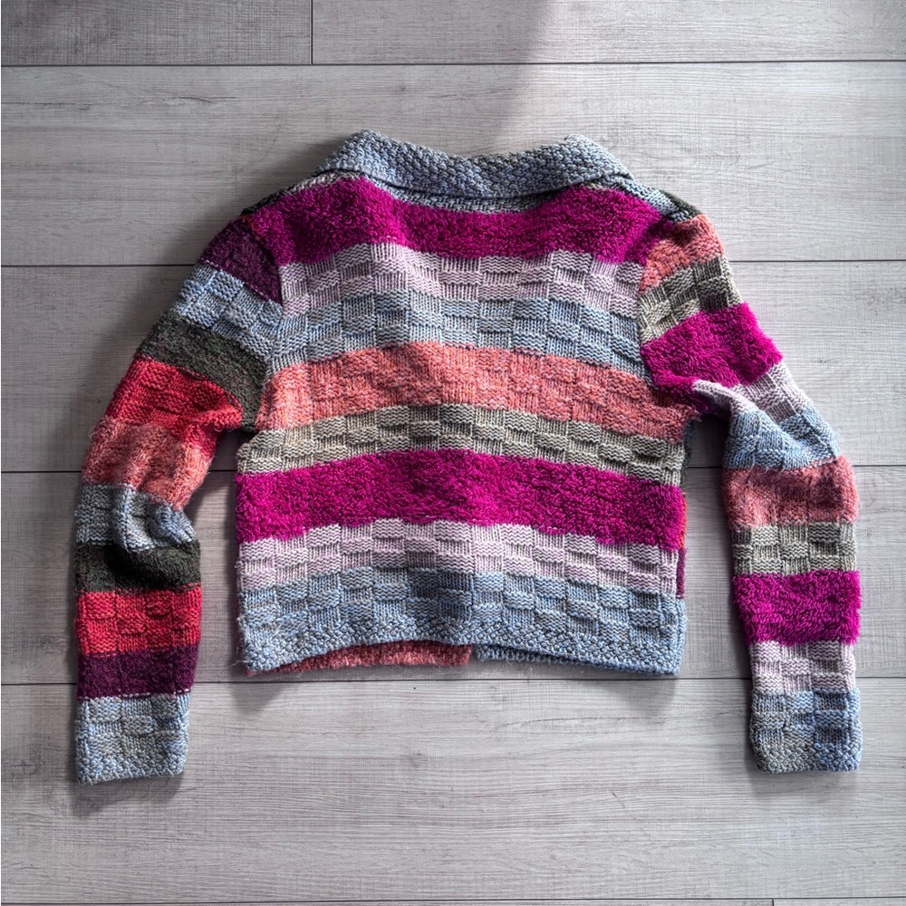 Knit Multicolor Shawl Collar Sweater Cozy Boho Cottagecore Chunky Knit | L - Picture 2 of 3